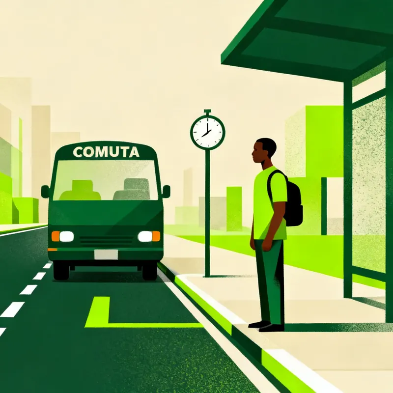 A rider at a bus shelter beside a clock, the green bus arriving.