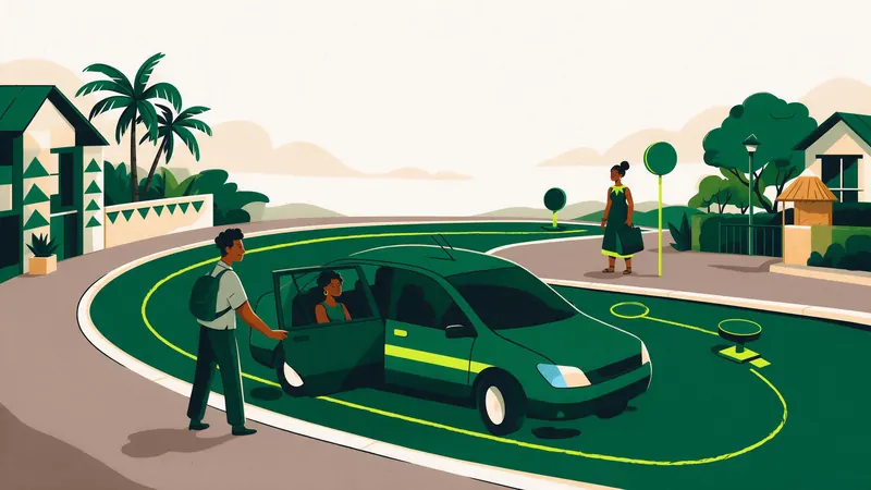 A lime route looping through Lagos streets, a rider boarding a car and another waiting at a stop.