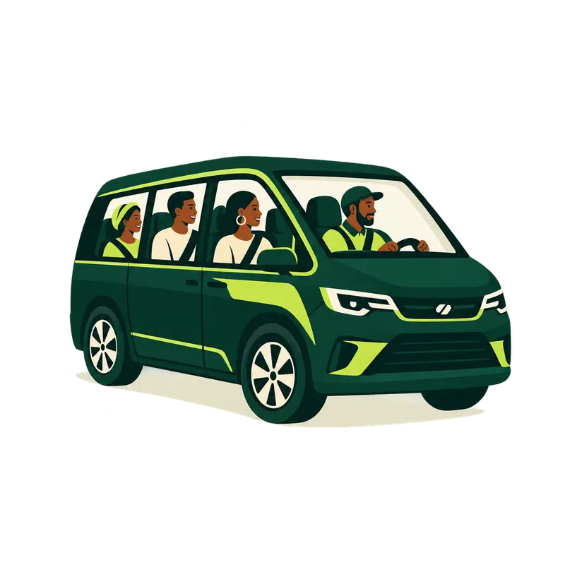 A green van with its driver and three riders sharing the trip.